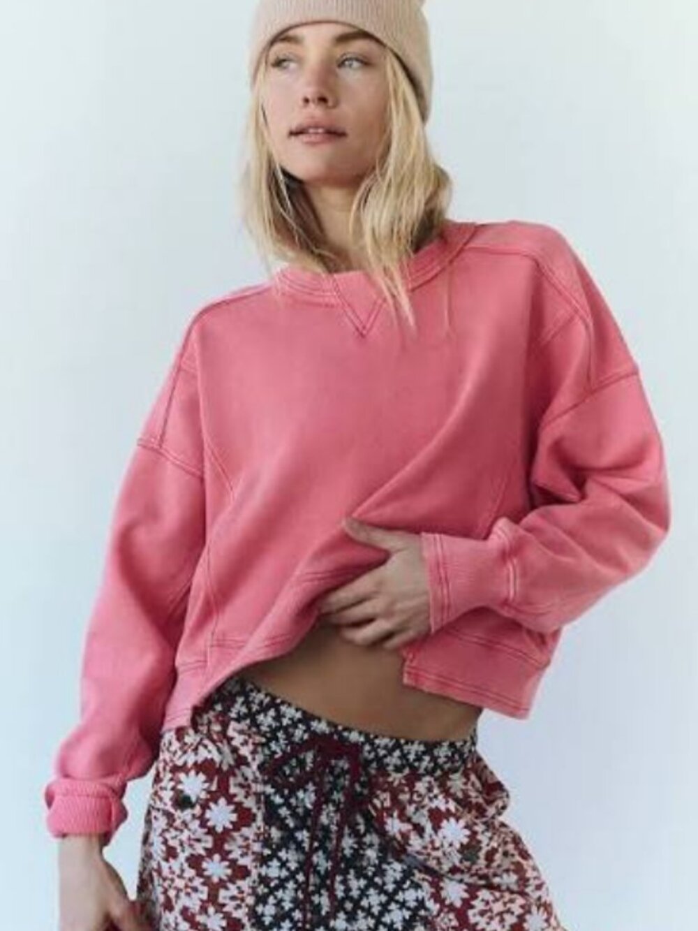 Free People Intercept Pullover Pink Cropped Long Sleeve Crew Neck Boxy Top S